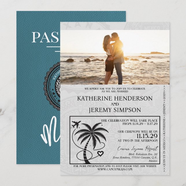Invitation Mariage turquoise Mexique Passport (Devant / Derrière)