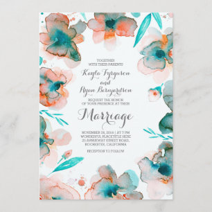 Invitation mariage turquoise romantique à l'aquarelle fleurie