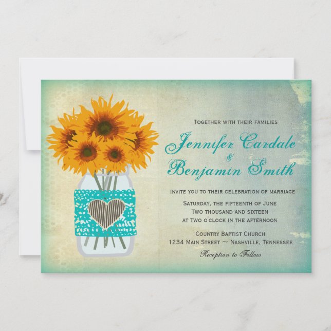 Invitation Mariage Turquoise rustique Mason Jar Sunflower Inv (Devant)