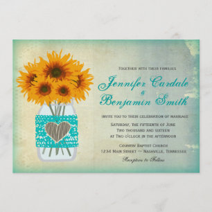 Invitation Mariage Turquoise rustique Mason Jar Sunflower Inv