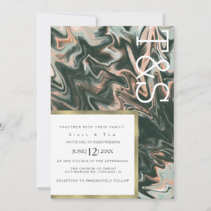Invitation Mariage Typographie Corail Végétal Liquide Marbre