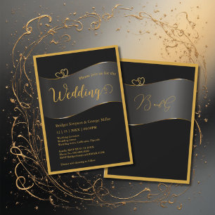 Invitation mariage typographie monogramme cadre or noir