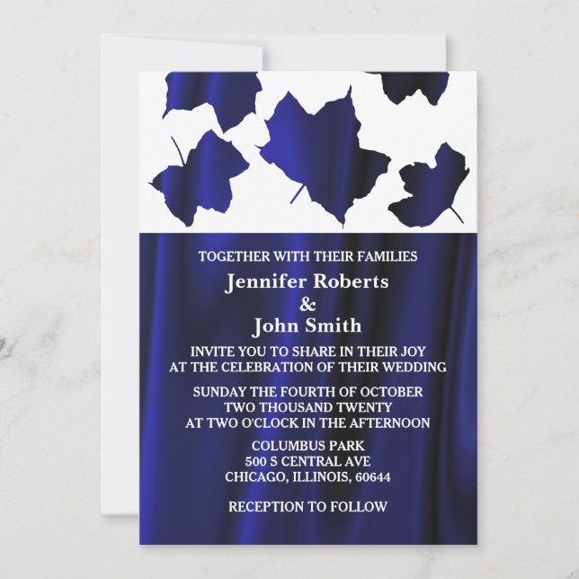 Invitation Mariage unique en blanc Satin Bleu profond (Devant)