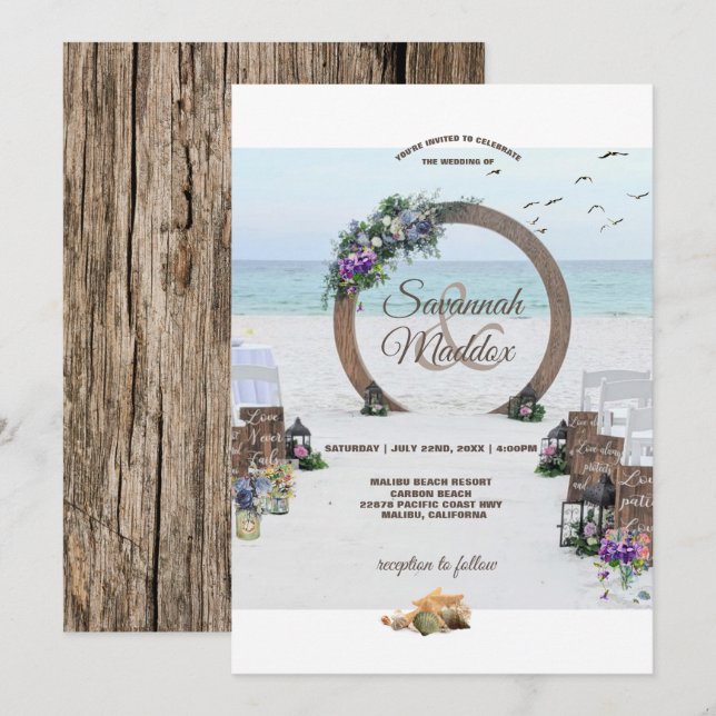 Invitation Mariage unique en bois Arbor Beach Flowers (Devant / Derrière)