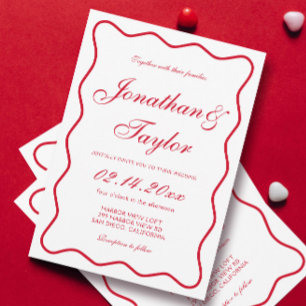 Invitation Mariage Valentin rouge et blanc à script ondulé