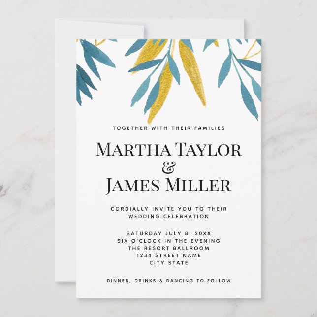 Invitation Mariage végétal bleu minimaliste moderne (Devant)