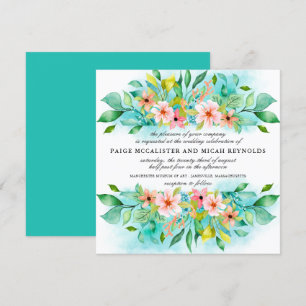 Invitation Mariage végétal bleu turquoise rose