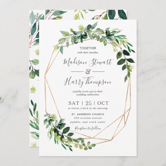 Invitation Mariage végétal géométrique des Eucalyptus (Devant / Derrière)