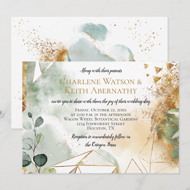 Invitation Mariage végétal géométrique vert or moderne (Devant / Derrière)