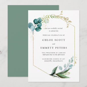 Invitation Mariage végétal minimaliste Turquoise en or bleu