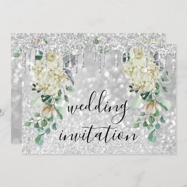 Invitation Mariage vert à la menthe florale Glitte Gris Argen (Devant / Derrière)