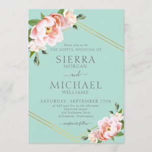 Invitation Mariage vert à la menthe géométrique or flou