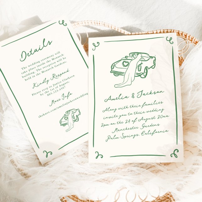 Invitation Mariage vert à main lunaire tiré + détails (Créateur téléchargé)
