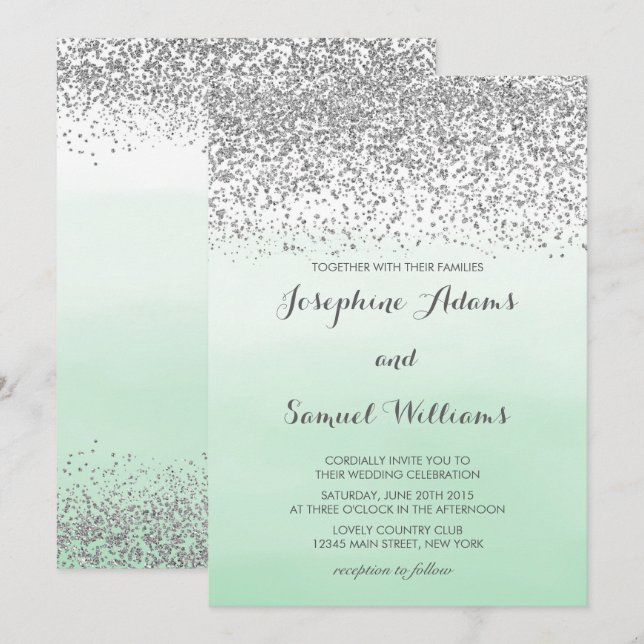 Invitation Mariage vert argent et menthe (Devant / Derrière)