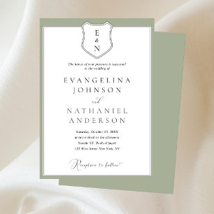 Invitation Mariage Vert Classique Formel Élégant Blason Scrip