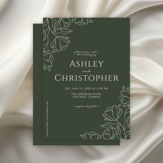 Invitation Mariage vert de la mousse foncée florale dessinée  (Créateur téléchargé)