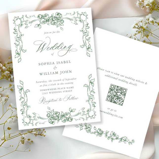 Invitation Mariage vert de la saison florale de la Renaissanc (Créateur téléchargé)