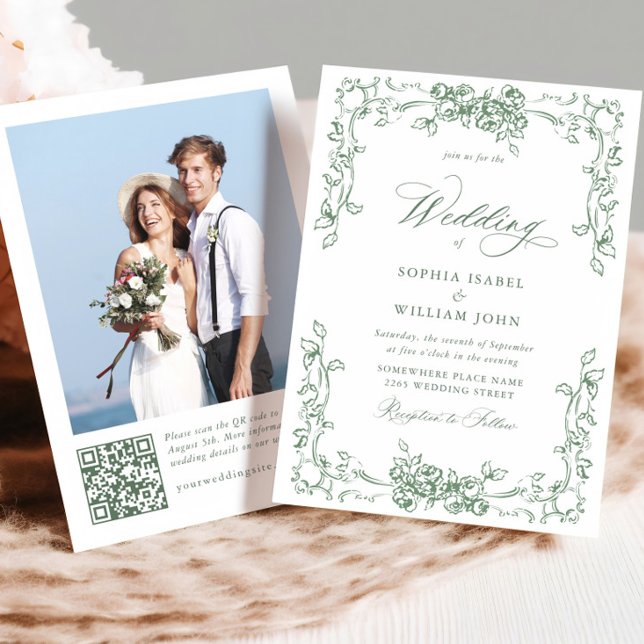 Invitation Mariage vert de la saison florale de la Renaissanc (Créateur téléchargé)