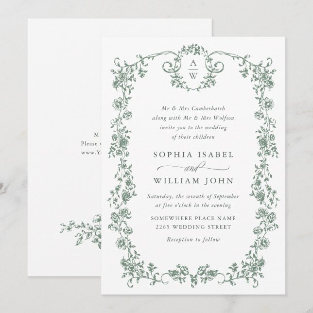 Invitation Mariage vert de l'âge orné victorien Grace Floral (Devant / Derrière)
