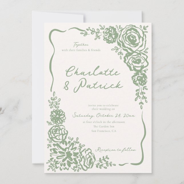Invitation Mariage vert de l'aile florale géante dessinée à l (Devant)