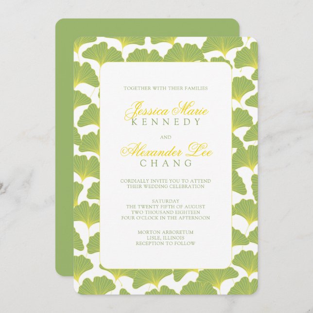 Invitation Mariage vert de printemps de l'arbre Ginkgo (Devant / Derrière)