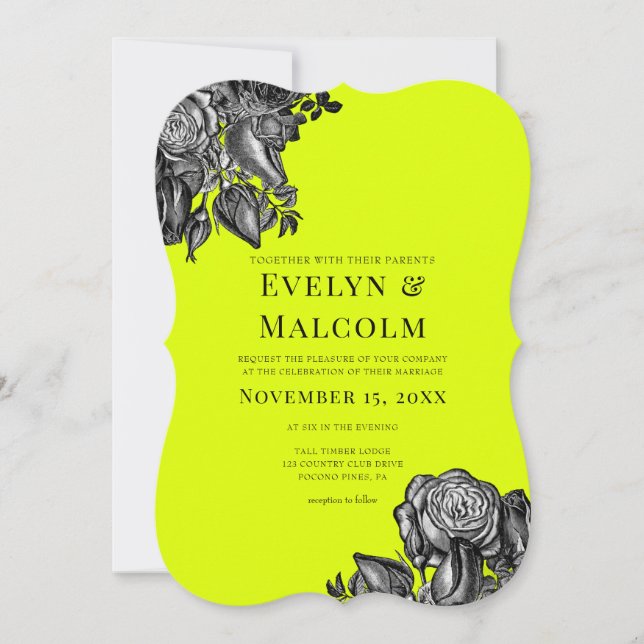 Invitation Mariage vert de rose noir et blanc (Devant)
