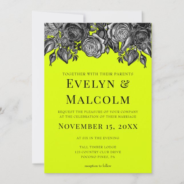 Invitation Mariage vert de rose noir et blanc (Devant)