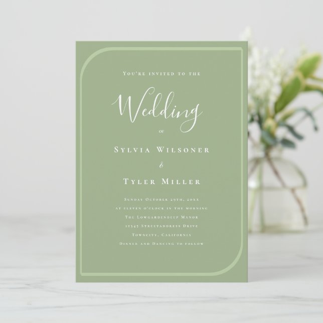Invitation Mariage vert de trame minimaliste (Debout devant)