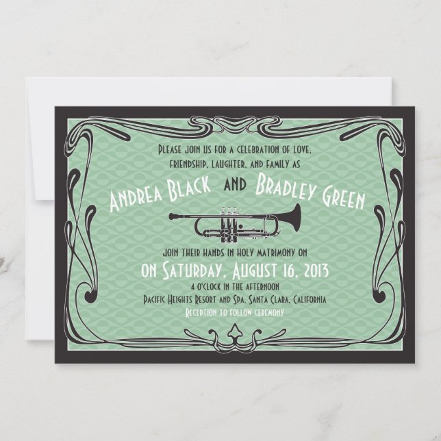 Invitation Mariage vert de trompette des années 20 (Devant)