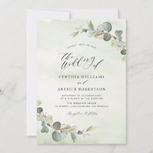 Invitation mariage vert d'eau moderne à l'eucalyptus
