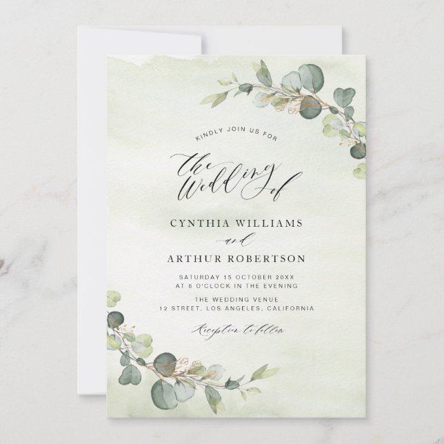 Invitation mariage vert d'eau moderne eucalyptus (Devant)
