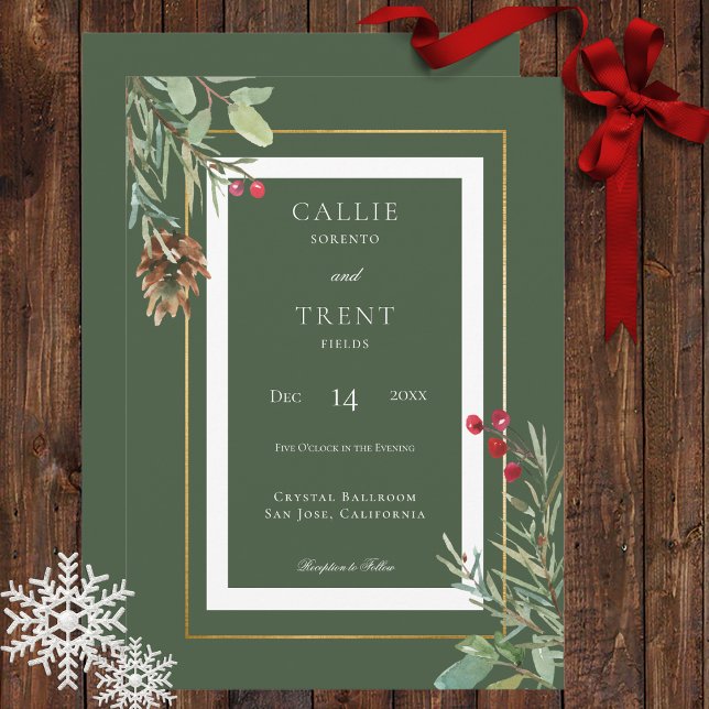 Invitation Mariage vert des baies de pin d'hiver moderne (Créateur téléchargé)