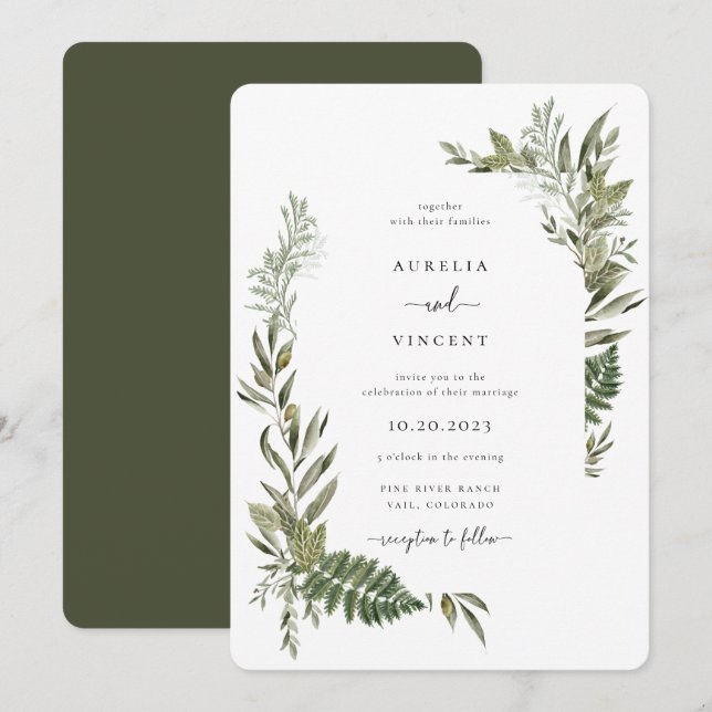 Invitation Mariage vert d'olive du cadre de feuillage botaniq (Devant / Derrière)