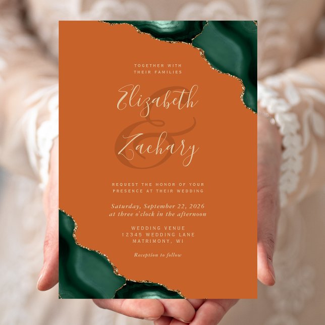 Invitation Mariage Vert Émeraude Agate Coins Orange Brûlé (Créateur téléchargé)