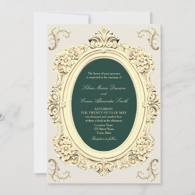 Invitation Mariage vert émeraude d'or antique (Devant)