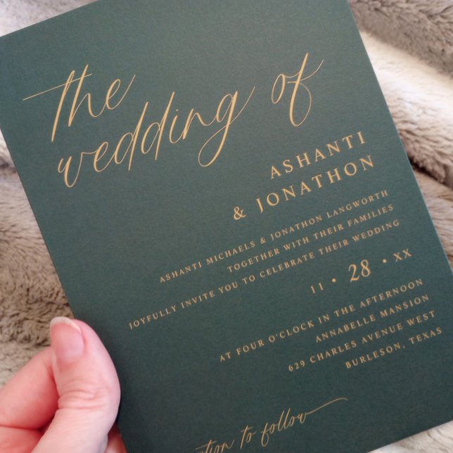 Invitation Mariage vert émeraude moderne romantique (Emerald Green and Gold Wedding Invitations - Soft Romantic Delicate Script)