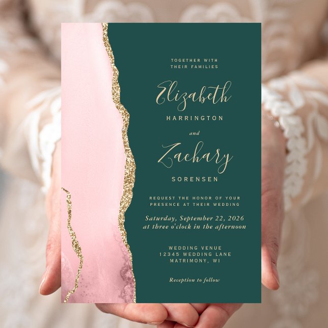 Invitation Mariage vert émeraude rose or rose (Créateur téléchargé)