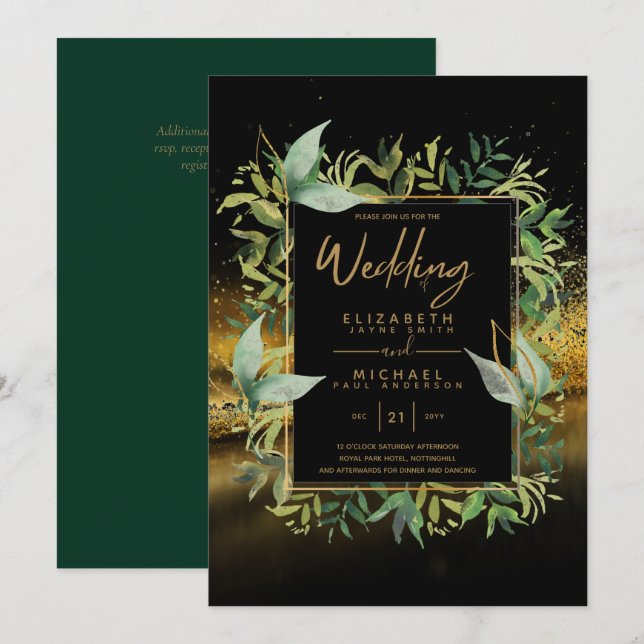 Invitation Mariage vert émeraude vert or moderne invite (Devant / Derrière)