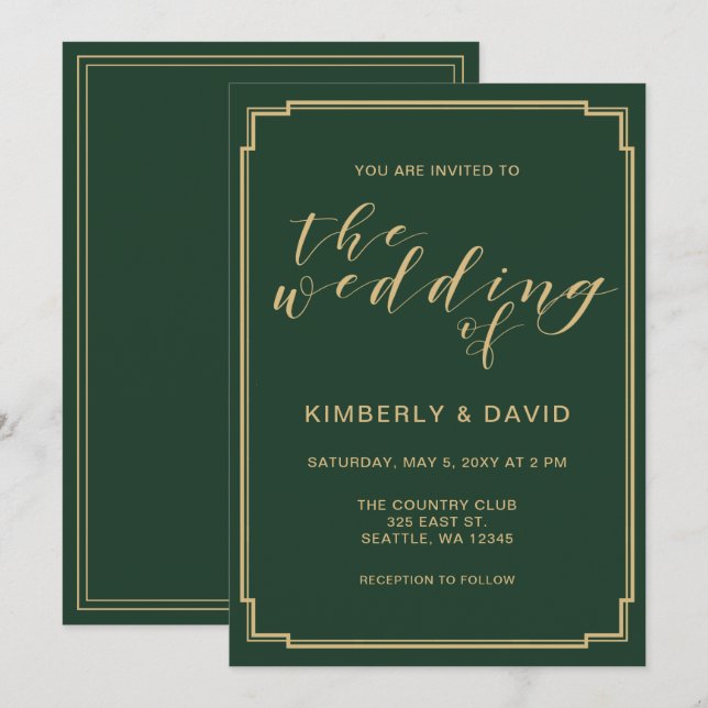 Invitation Mariage vert et or (Devant / Derrière)