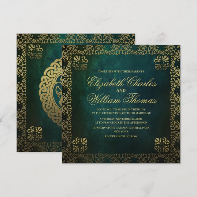 Invitation Mariage vert et or texturé traditionnel (Devant / Derrière)