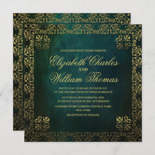 Invitation Mariage vert et or texturé traditionnel