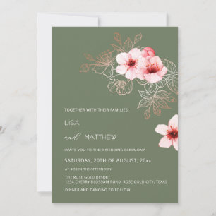 Invitation Mariage vert et rose pastel de cerisier