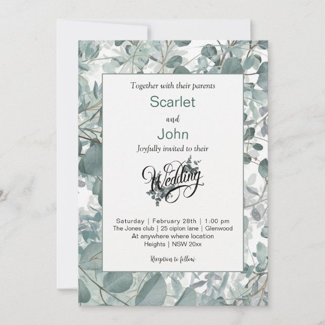 Invitation Mariage vert eucalyptus de sauge d'aquarelle moder (Devant)