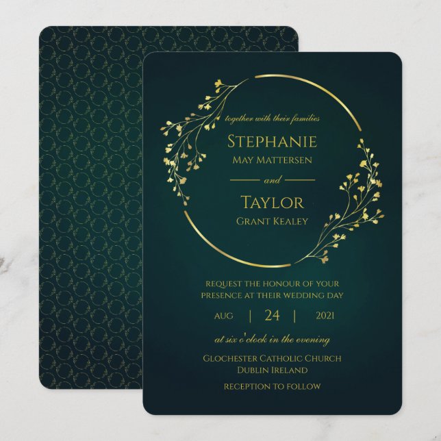 Invitation Mariage vert Eucalyptus Or moderne (Devant / Derrière)