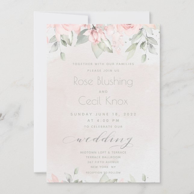 Invitation Mariage vert Eucalyptus Rose (Devant)