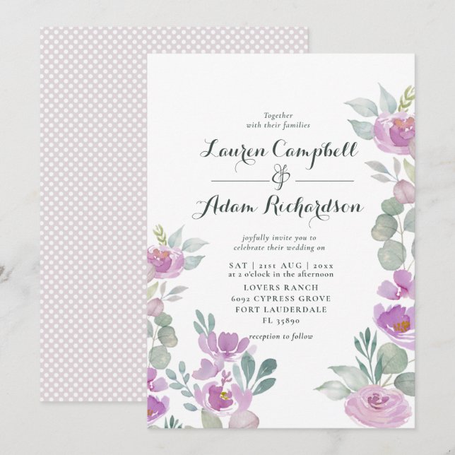 Invitation Mariage vert Eucalyptus rose Rustique (Devant / Derrière)
