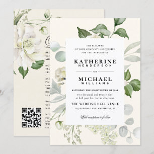 Invitation Mariage Vert Eucalyptus Roses Ivoire & Détails