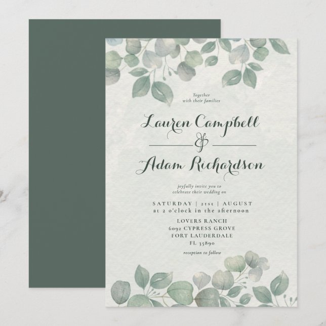 Invitation Mariage vert Eucalyptus Watericolor Sage (Devant / Derrière)