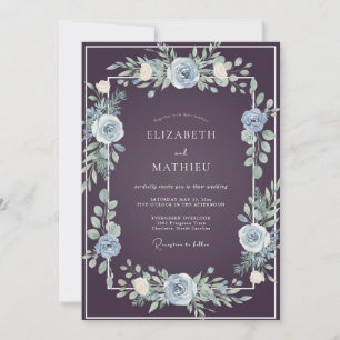 Invitation Mariage Vert Feuillage Acier Prune
