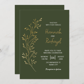 Invitation Mariage vert feuille or moderne simple